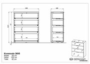 Technische Zeichnung einer Schubkastenkommode mit vier Schubladen, Vorder- und Seitenansicht, Maße: Breite 83 cm, Höhe 102 cm, Tiefe 42 cm.