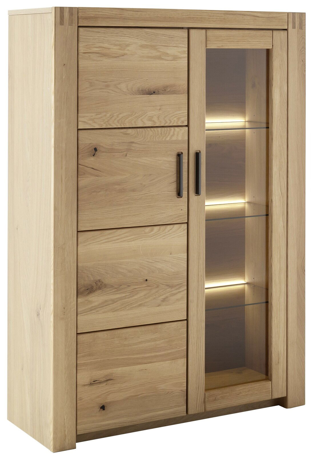 Hochwertiges Highboard aus Holz mit Glastür und integrierter Beleuchtung, seitliche Perspektive