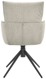 Rückansicht eines modernen Armlehnstuhls mit grauem Stoffbezug und schwarzem Metallgestell.