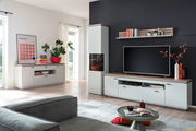 Moderne Wohnzimmer-Wandkombination ESTEPONA in heller Holzoptik mit TV, Regalen und Dekorationen, seitliche Perspektive