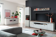 Moderne Wohnzimmer-Wandkombination ESTEPONA in heller Holzoptik mit TV, Regalen und Dekorationen, seitliche Perspektive