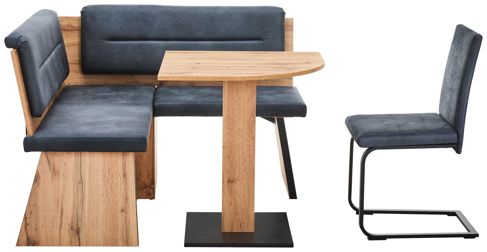 Eckbankgruppe aus Holz mit grauen Polstern, bestehend aus einer Eckbank und einem Stuhl, frontal betrachtet.