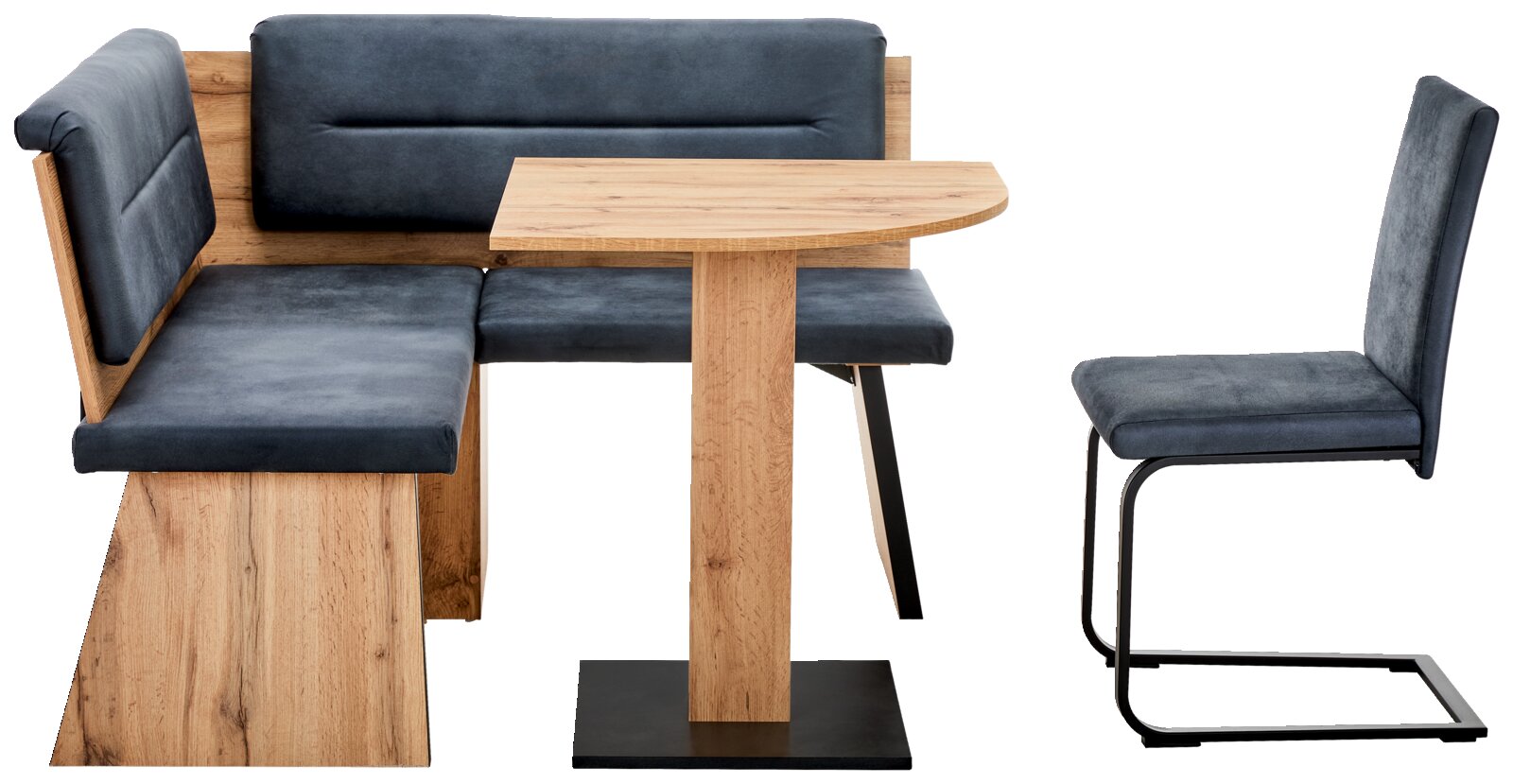 Houten hoekbankstel met grijze bekleding, bestaande uit een hoekbank en een stoel, gezien vanaf de voorkant.