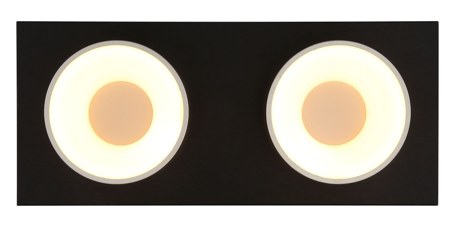 Zweiflammige Deckenleuchte mit schwarzer Basis und leuchtenden Ringen, Ansicht von vorne