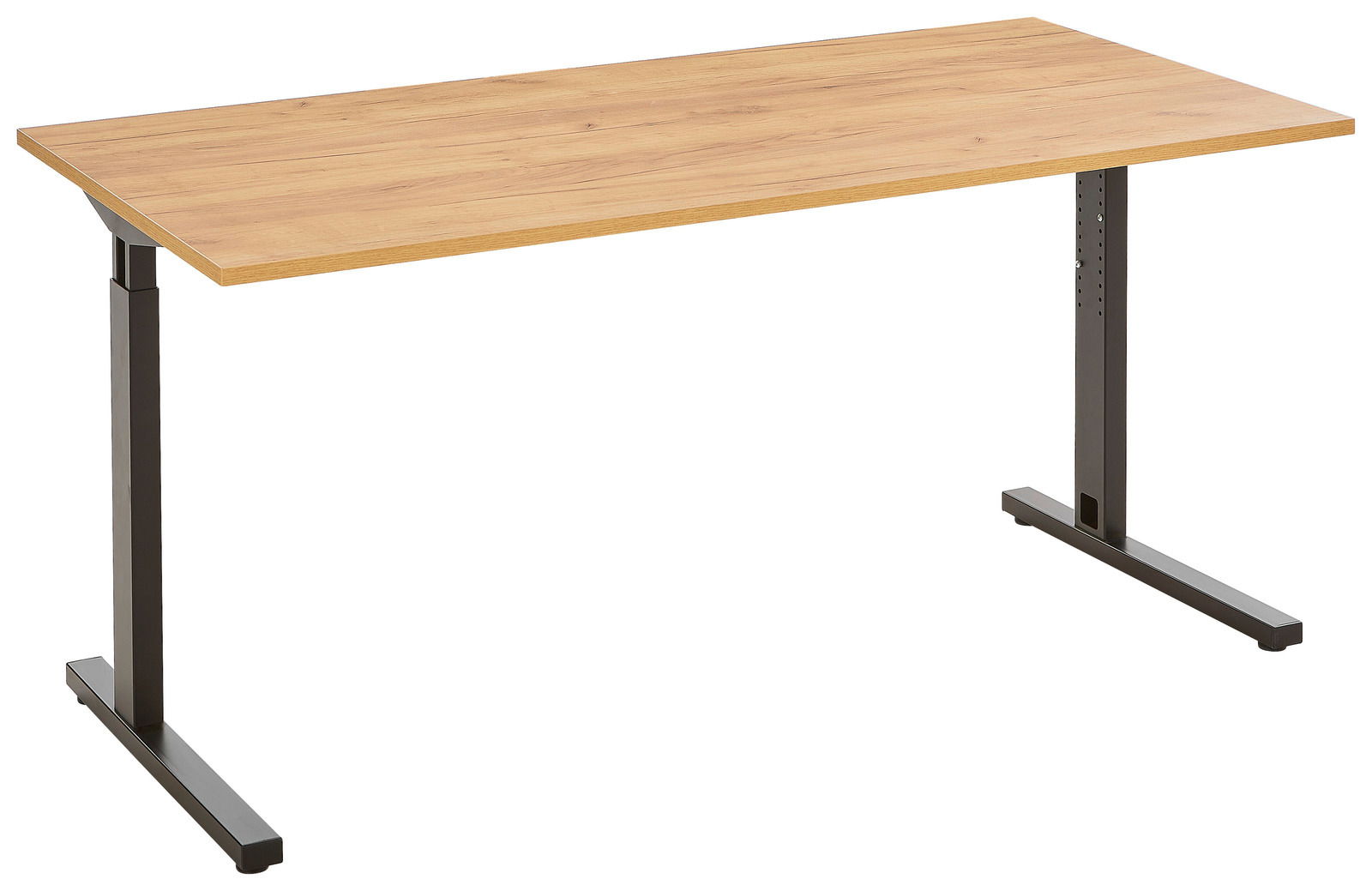 Moderner Schreibtisch mit Holzoberfläche und verstellbaren Metallbeinen, seitliche Perspektive