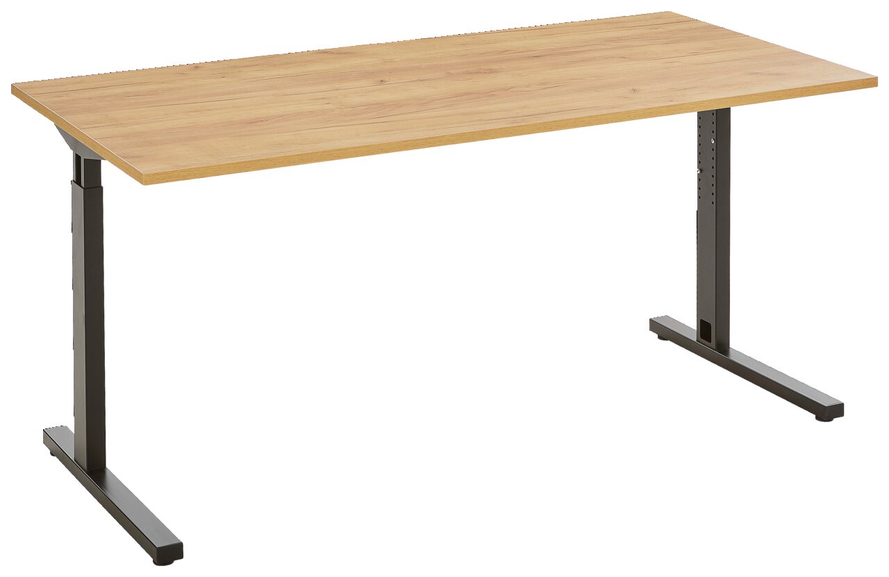 Moderner Schreibtisch mit Holzoberfläche und verstellbaren Metallbeinen, seitliche Perspektive