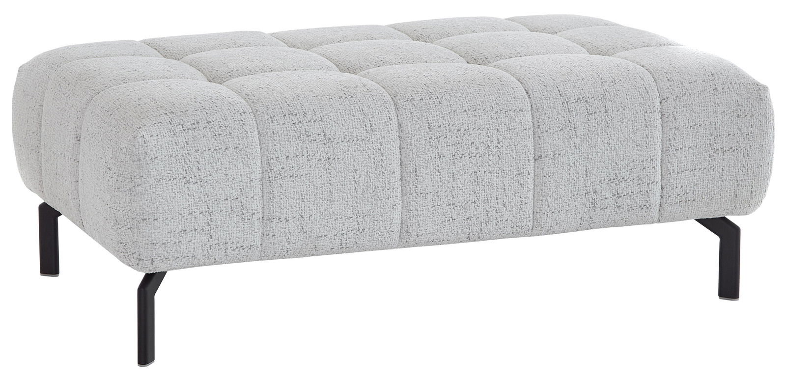 Grauer XXL-Hocker mit gepolstertem Stoffbezug und schwarzen Metallbeinen, seitliche Perspektive