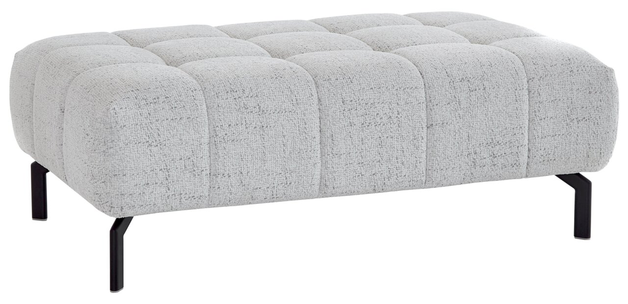 Grauer XXL-Hocker mit gepolstertem Stoffbezug und schwarzen Metallbeinen, seitliche Perspektive