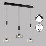 Moderne dreifache Pendelleuchte LavinFischer & Honsel mit verstellbarer Höhe und dimmbarer Funktion, seitliche Perspektive.