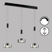 Moderne dreifache Pendelleuchte LavinFischer & Honsel mit verstellbarer Höhe und dimmbarer Funktion, seitliche Perspektive.