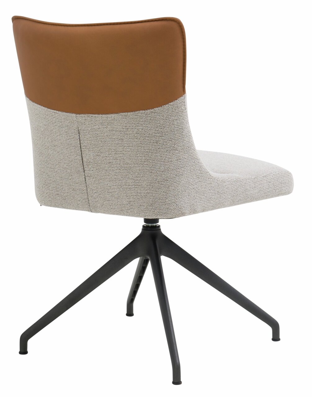 Moderne stoel met bruine rugleuning en grijze stoffen bekleding, zijaanzicht van de rug, zwart metalen onderstel met vier poten.