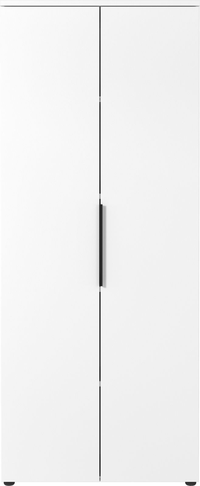 Vorderansicht eines weißen Aktenschranks mit zwei Türen und einem zentralen Griff.