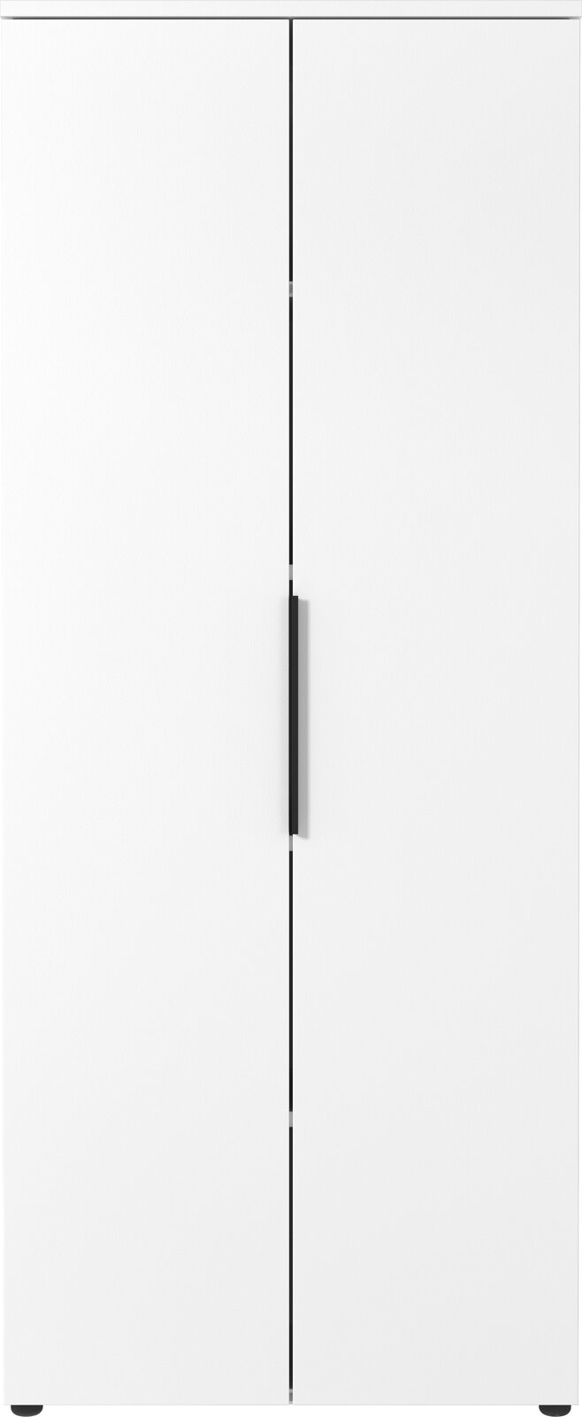 Vorderansicht eines weißen Aktenschranks mit zwei Türen und einem zentralen Griff.