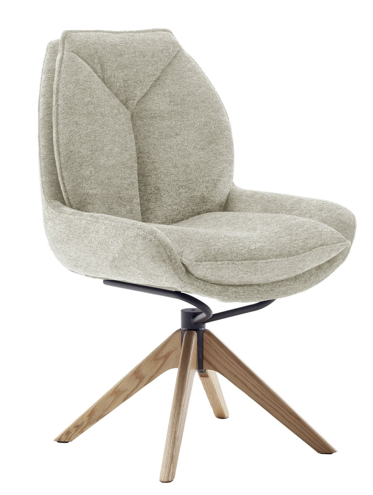 Zurbrüggen Stuhl ASSENTO Moderner Stuhl mit gepolsterter Rückenlehne und Sitzfläche in hellem Stoff, auf einem stabilen Holzgestell mit vier Beinen. Seitenansicht.