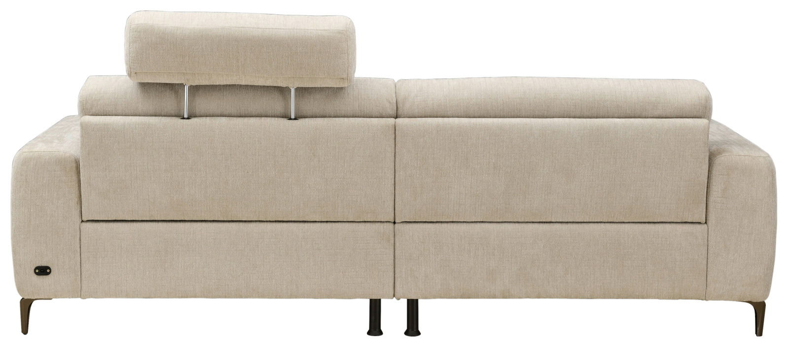 Rückansicht eines beigen Sofas mit verstellbarer Kopfstütze und Metallfüßen.