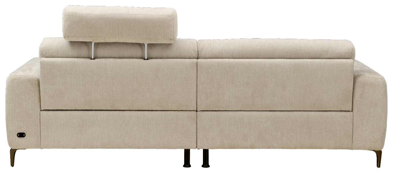 Rückansicht eines beigen Sofas mit verstellbarer Kopfstütze und Metallfüßen.
