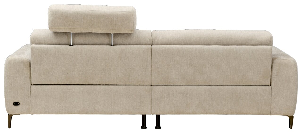 Rückansicht eines beigen Sofas mit verstellbarer Kopfstütze und Metallfüßen.