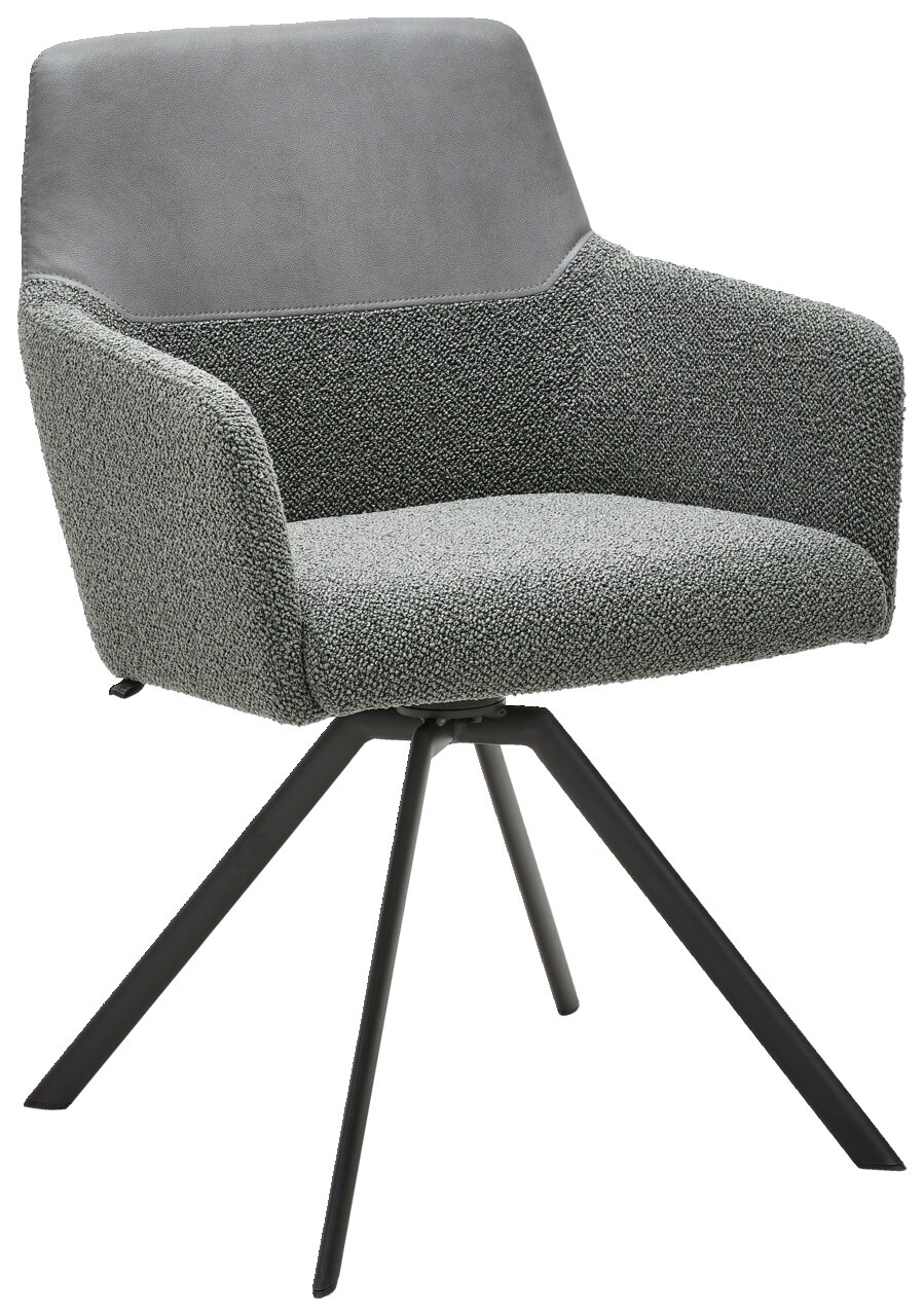 Venjakob Sessel GRANT Moderner grauer Sessel mit gepolstertem Sitz und Rückenlehne, auf schwarzem Metallgestell, seitliche Perspektive.