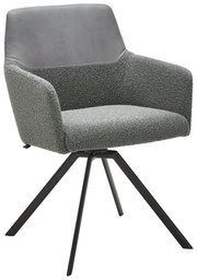 Moderner grauer Sessel mit gepolstertem Sitz und Rückenlehne, auf schwarzem Metallgestell, seitliche Perspektive.