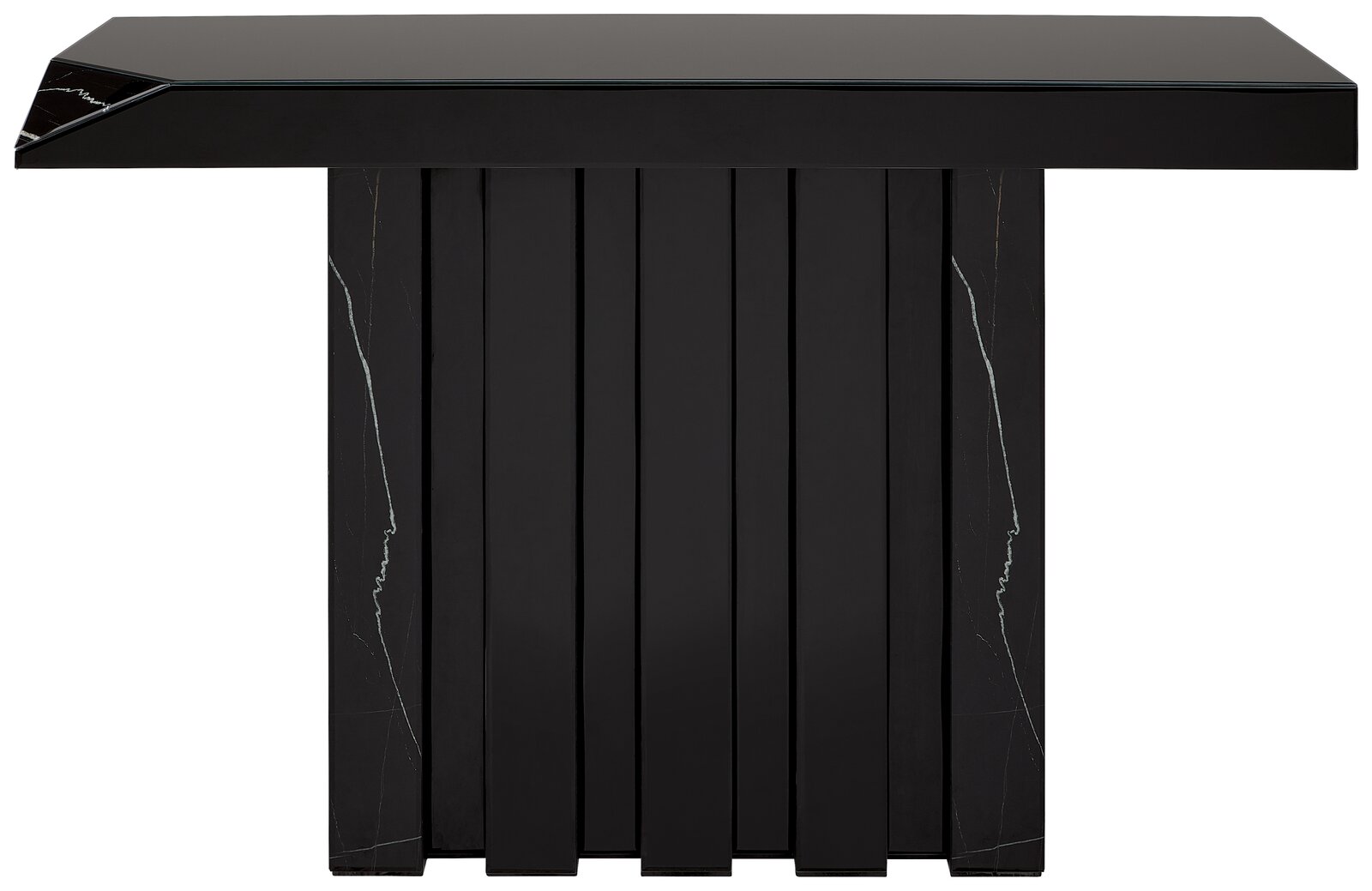 Schwarzer Konsolentisch mit modernem Design, frontal betrachtet. Die Tischplatte ist glatt und die Basis besteht aus vertikalen Paneelen mit subtilen Marmorierungen.