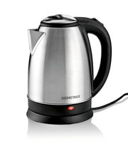 GOURMETmaxx elektrische waterkoker van geborsteld roestvrij staal met zwarte handgreep, sokkel en rood controlelampje, schuin van voren afgebeeld