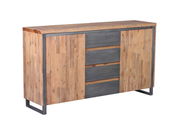 Sideboard aus Holz und Metall mit zwei Türen und vier Schubladen, seitliche Perspektive
