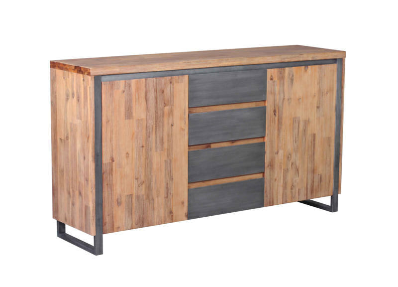 Sideboard aus Holz und Metall mit zwei Türen und vier Schubladen, seitliche Perspektive