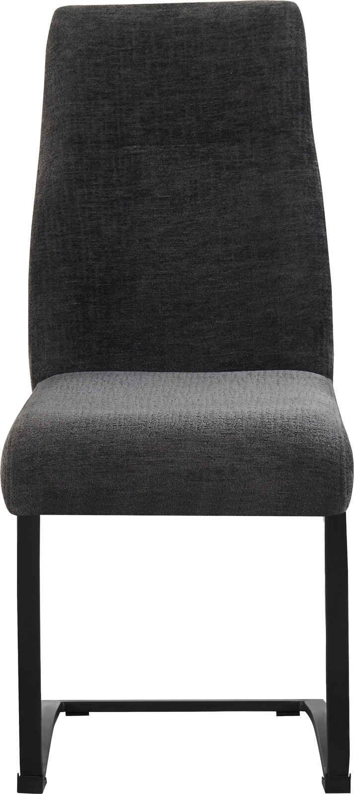 Gepolsterter Esszimmerstuhl in Dunkelgrau mit schwarzem Metallgestell, Frontansicht