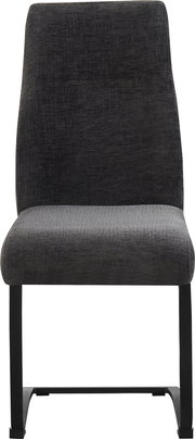 Gepolsterter Esszimmerstuhl in Dunkelgrau mit schwarzem Metallgestell, Frontansicht