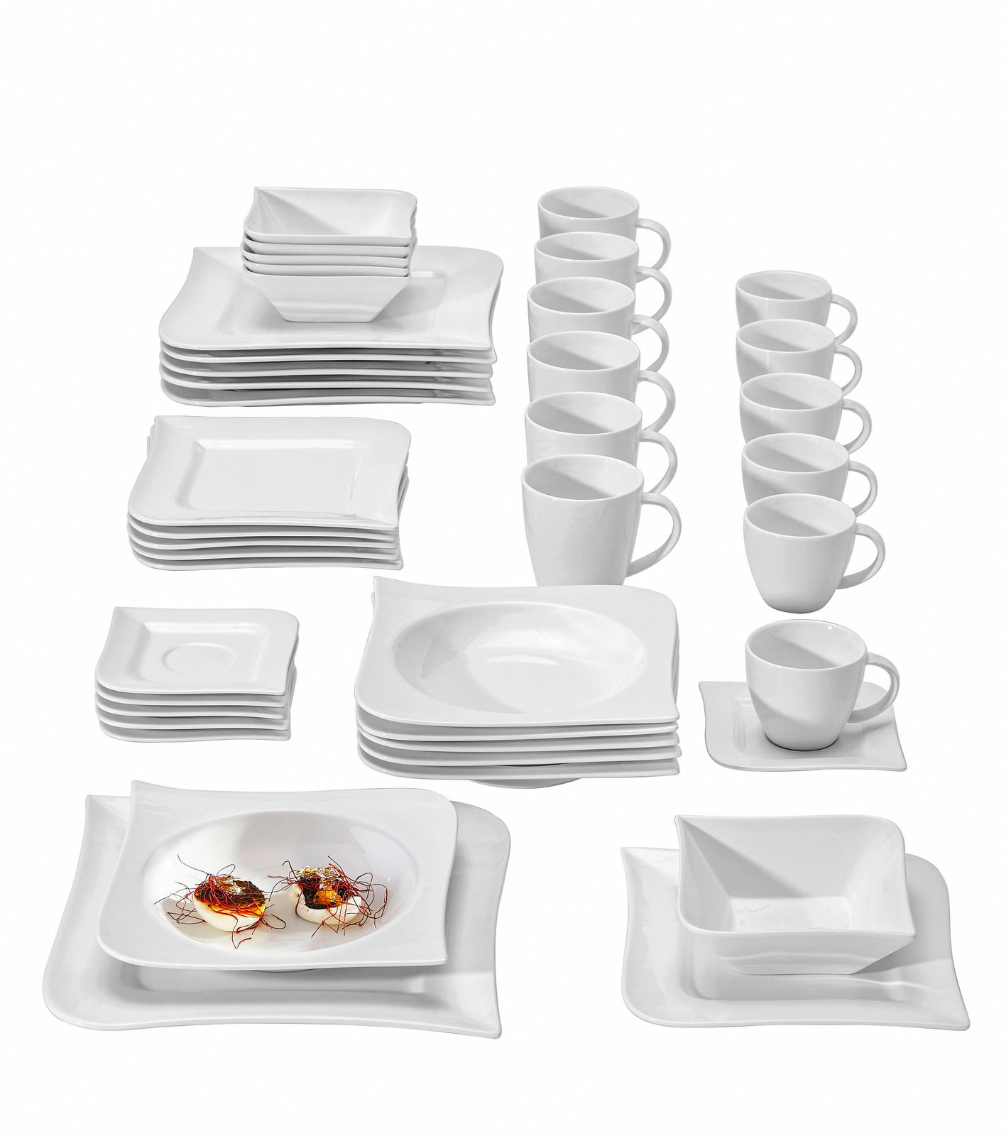 Vogelperspektive auf ein 42-teiliges Kombiservice-Set 'Melodie' mit elegant geschwungenen weißen Tellern, Tassen und Schalen.