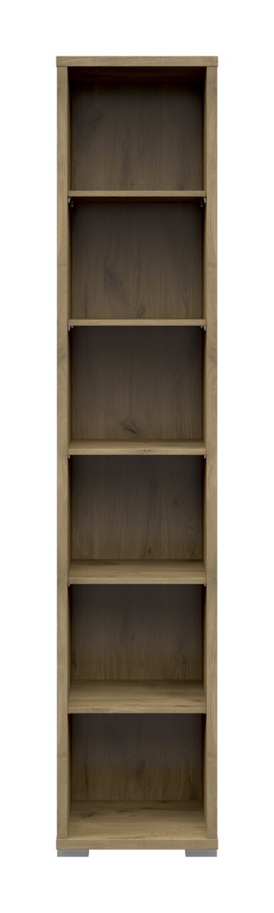 Frontale Ansicht eines schmalen Aktenregals mit sechs offenen Fächern in Holzoptik.