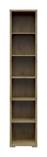 Frontale Ansicht eines schmalen Aktenregals mit sechs offenen Fächern in Holzoptik.