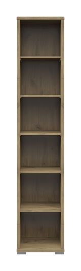 Frontale Ansicht eines schmalen Aktenregals mit sechs offenen Fächern in Holzoptik.