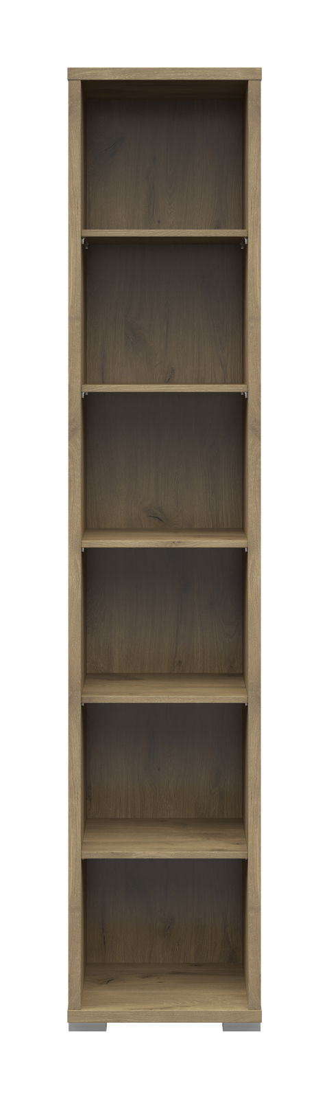 Frontale Ansicht eines schmalen Aktenregals mit sechs offenen Fächern in Holzoptik.