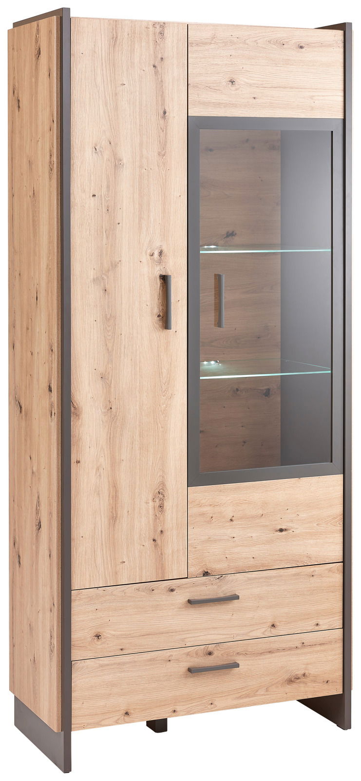 Hom´in Vitrine FLASH Vitrine aus Holz mit Glastür und zwei Schubladen, seitliche Perspektive