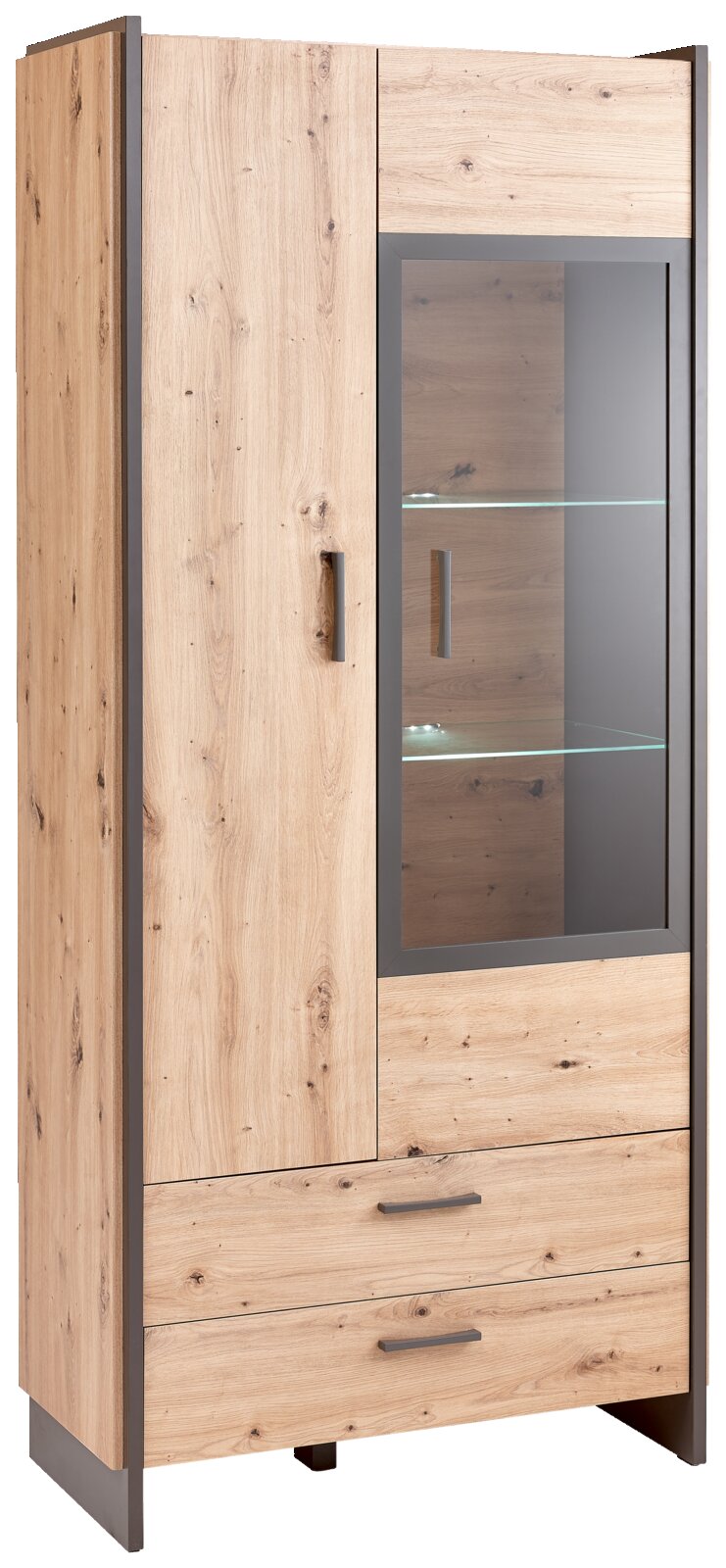 Vitrine aus Holz mit Glastür und zwei Schubladen, seitliche Perspektive