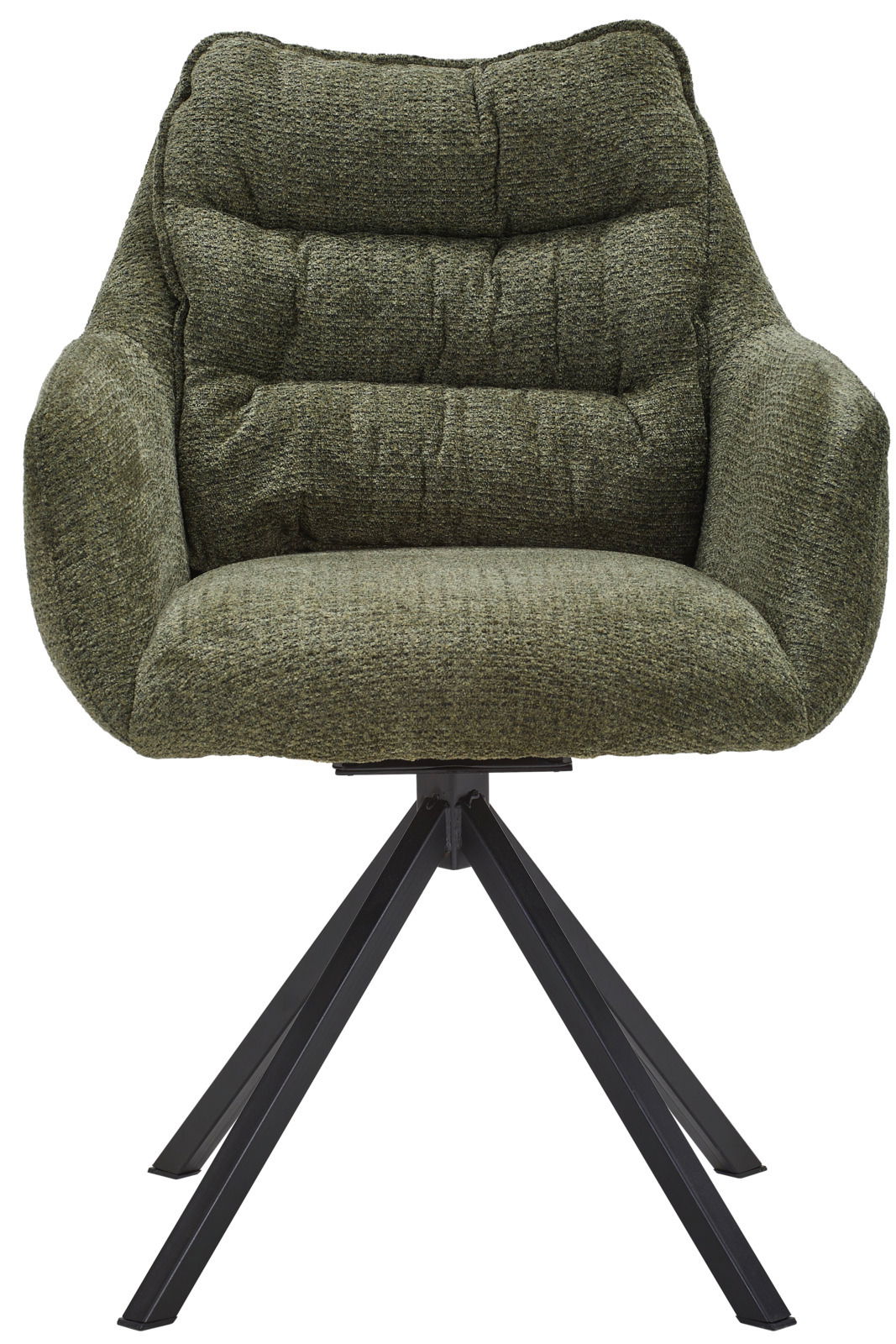 Grüner Armlehnstuhl mit gepolsterter Sitzfläche und schwarzem Metallgestell, Frontalansicht