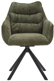 Grüner Armlehnstuhl mit gepolsterter Sitzfläche und schwarzem Metallgestell, Frontalansicht