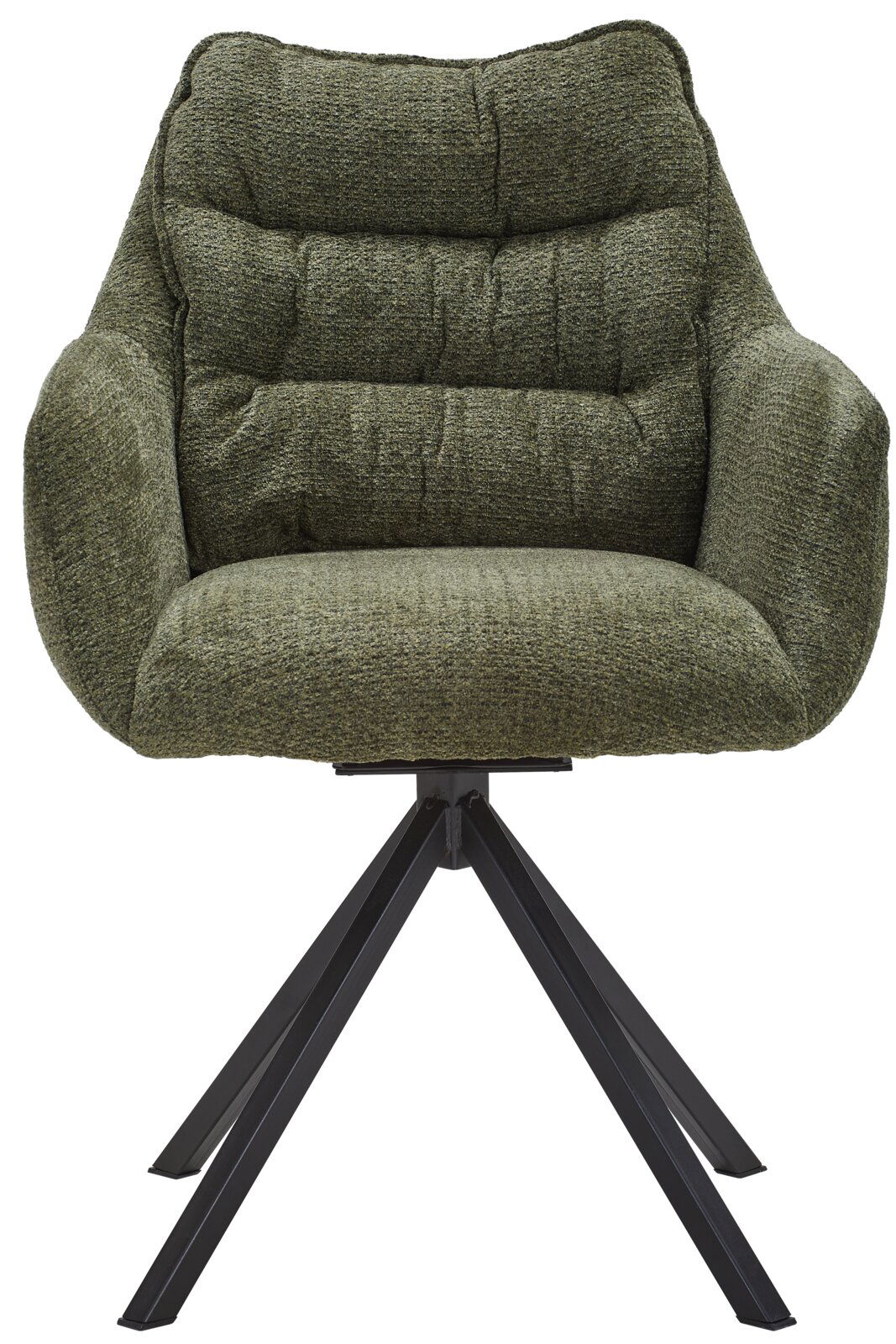 Grüner Armlehnstuhl mit gepolsterter Sitzfläche und schwarzem Metallgestell, Frontalansicht