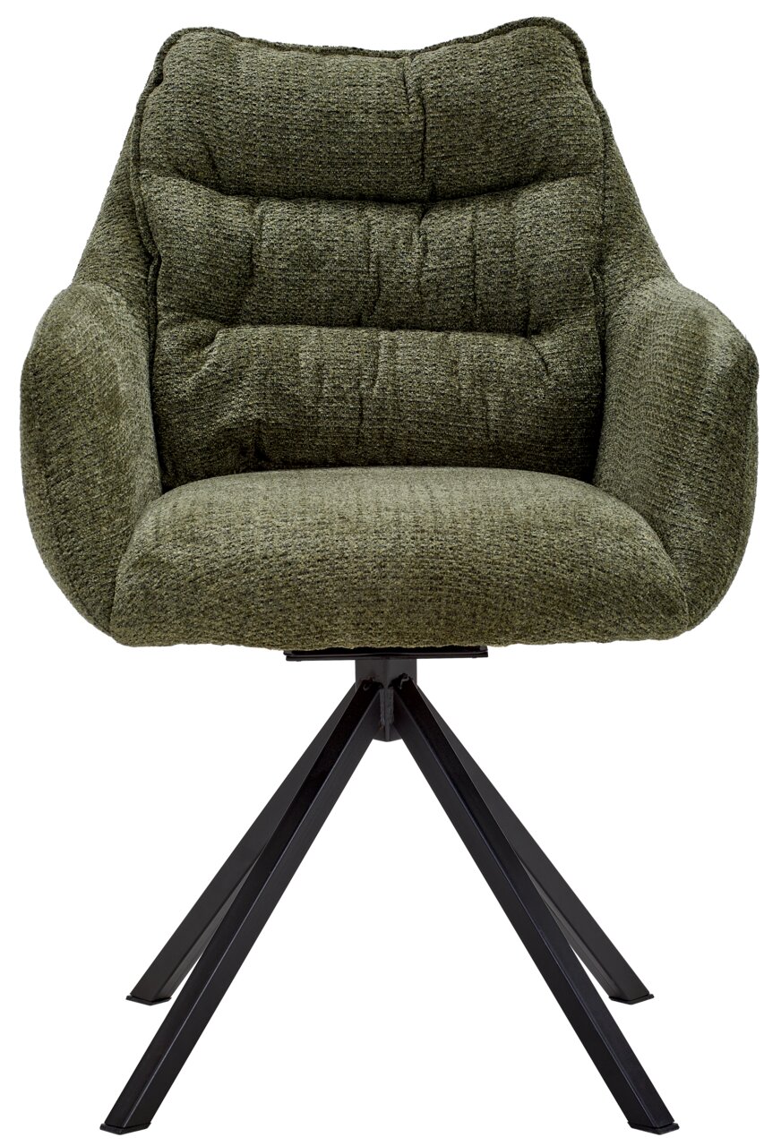 Grüner Armlehnstuhl mit gepolsterter Sitzfläche und schwarzem Metallgestell, Frontalansicht