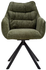 Grüner Armlehnstuhl mit gepolsterter Sitzfläche und schwarzem Metallgestell, Frontalansicht