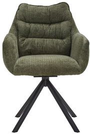 Grüner Armlehnstuhl mit gepolsterter Sitzfläche und schwarzem Metallgestell, Frontalansicht