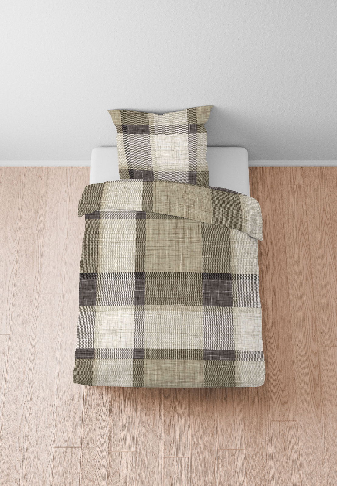Bettwäsche-Set 155x220cm mit kariertem Muster in Beige- und Brauntönen, von oben betrachtet auf einem Bett platziert.