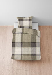 Bettwäsche-Set 155x220cm mit kariertem Muster in Beige- und Brauntönen, von oben betrachtet auf einem Bett platziert.