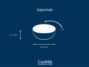 Sojaschale aus Porzellan mit 4 cl Fassungsvermögen, Höhe 3 cm und Durchmesser 8 cm, dargestellt als schematische Seitenansicht mit leichtem Blick von oben auf blauem Hintergrund.