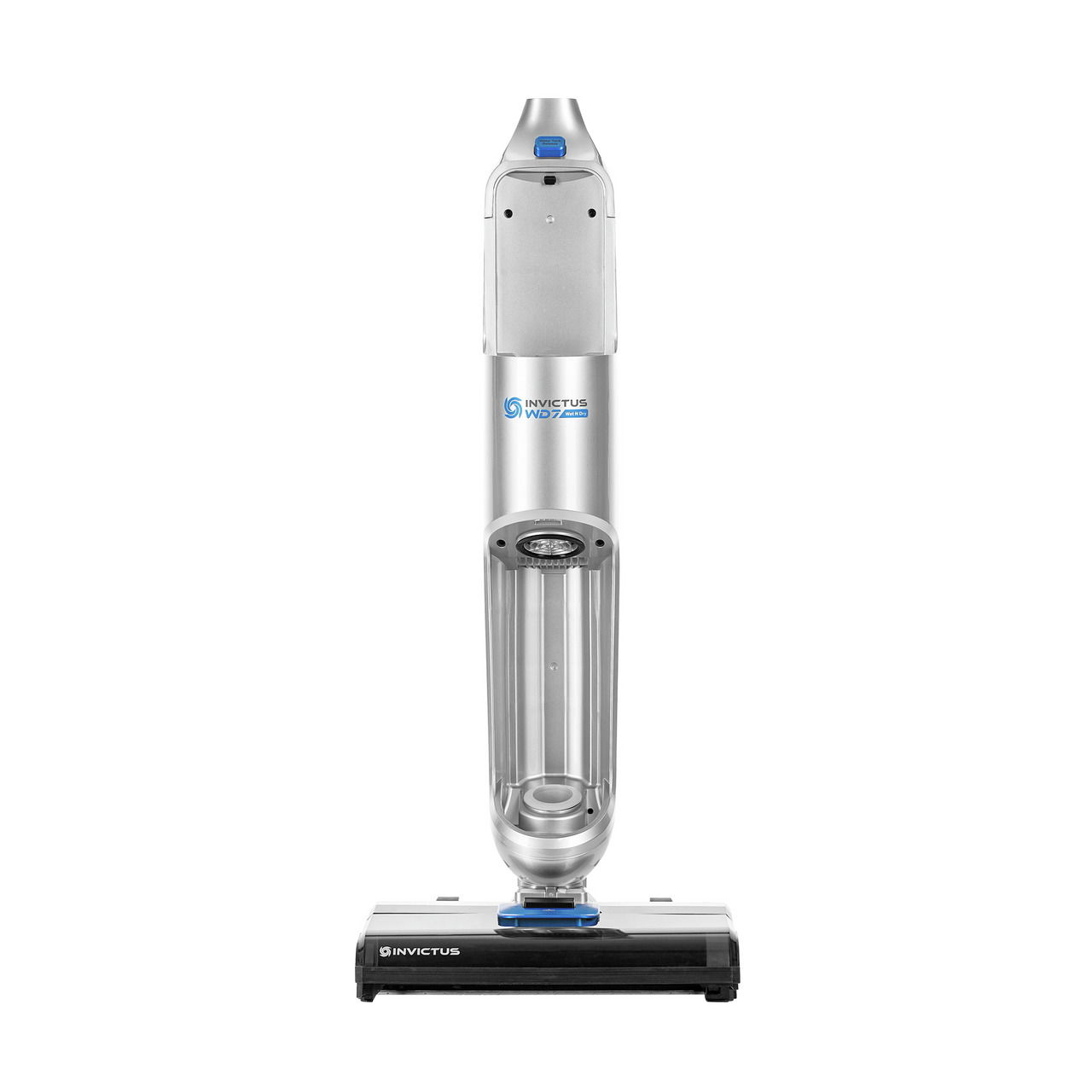 Frontansicht des Invictus WD7 Staubsaugers mit silbernem Gehäuse und blauen Akzenten.