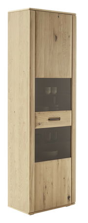 Vitrine aus hellem Holz mit Glaseinsatz, seitliche Perspektive