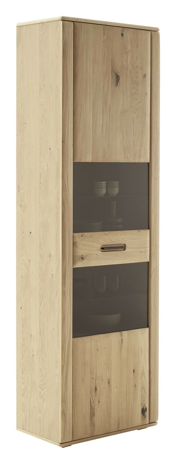 Vitrine aus hellem Holz mit Glaseinsatz, seitliche Perspektive