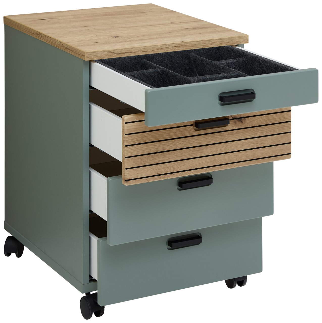Rolcontainer met vier lades, gedeeltelijk geopend, in een schuin perspectief. Bovenblad van hout, lades in verschillende kleuren en voorzien van wieltjes.