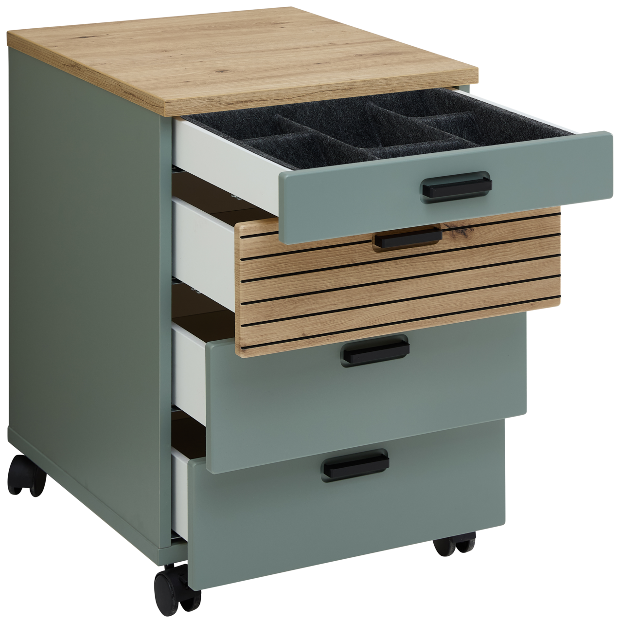 Rollcontainer mit vier Schubladen, teilweise geöffnet, in einer schrägen Perspektive. Oberseite aus Holz, Schubladen in verschiedenen Farben und mit Rollen ausgestattet.